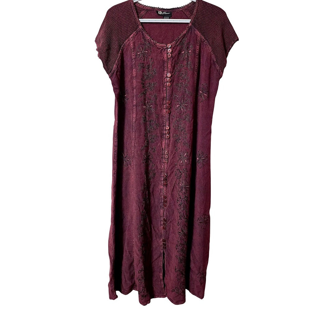 Flower Women Free Size Maxi Dress Maroon Boho Embroidered Button Front Tie Back